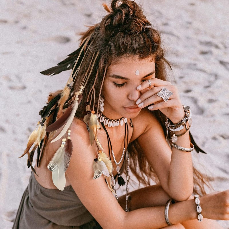 Geyoga 12 Pcs Feather Hair Clip Boho Hair Extensions with Feather Clip Comb Hippie DIY Accessories Hairpin Tribal Braided Beads Headdress for Women(Brown, Dark Brown,Stylish) - Image 2